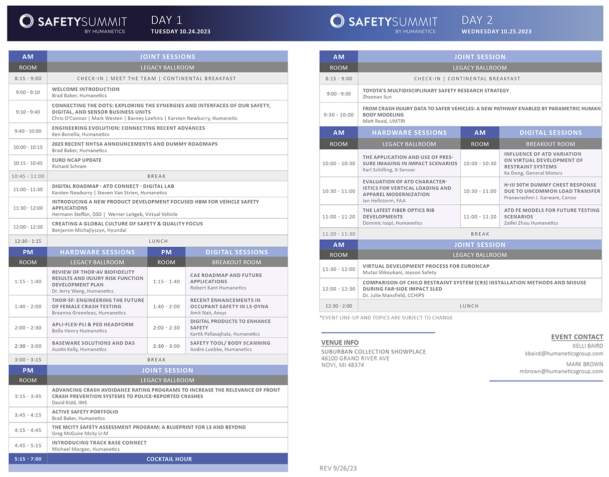 North American Safety Summit Agenda as of Sept. 26, 2023