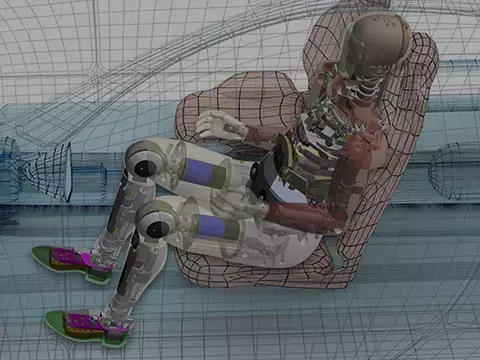 virtual THOR-5F model in a wireframe vehicle