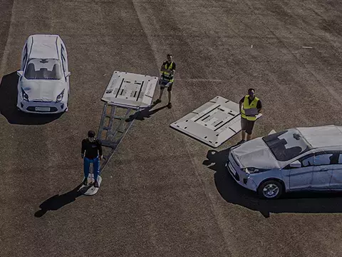 UFOnano, UFO platform, inflatable vehicle and a pedestrian active safety dummy on display.