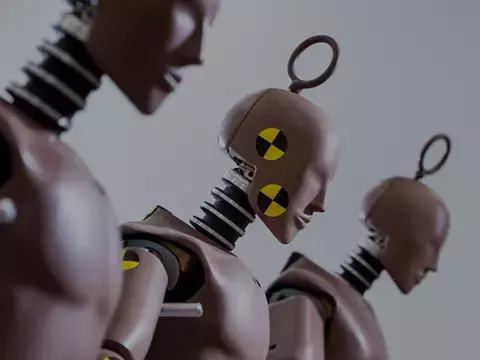 Three crash test dummies with hooks attached to head