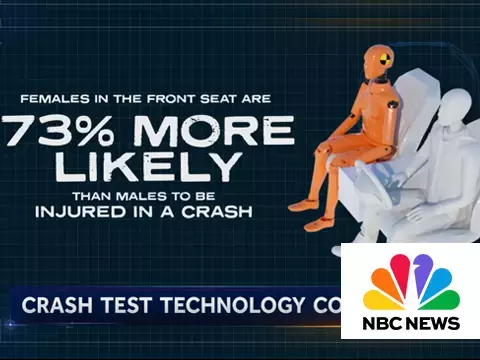 Screenshot of NBC video with crash test dummy and statistic that women are 73% more likely to be injured in crash