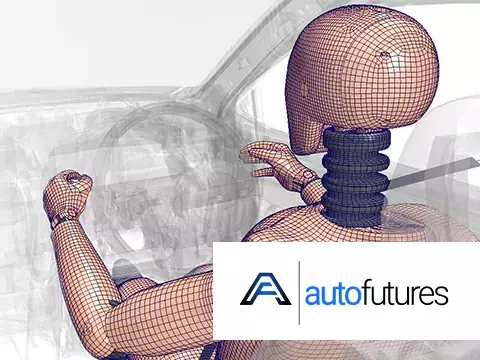 Virtual ATD in a mesh car with Auto Futures logo