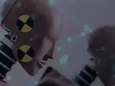 Close up of Crash Test Dummy face with connecting dots placed over.