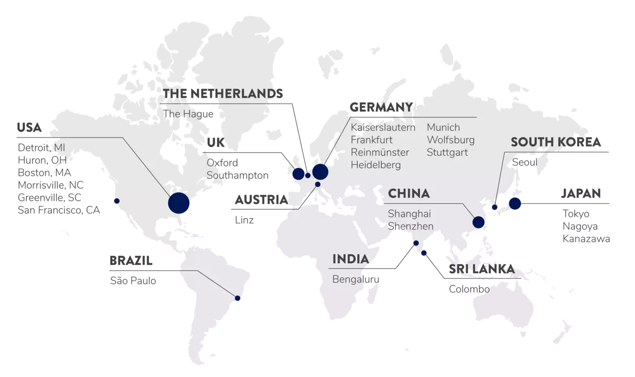 graphical global map with each location of Humanetics listed