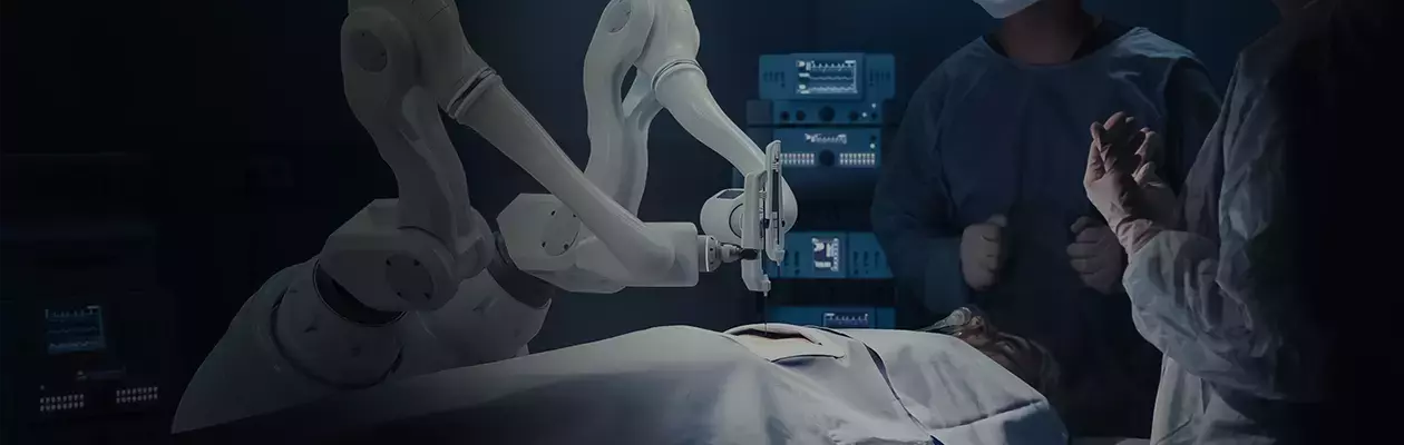 Surgical robots in operating room with doctors