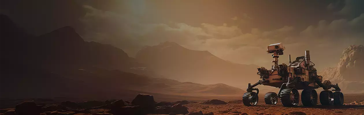 Mars Rover with rock formations in background