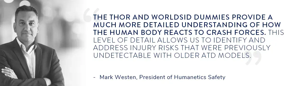 Headshot of Mark Westen with a quote about advances in the THOR and WorldSID dummies