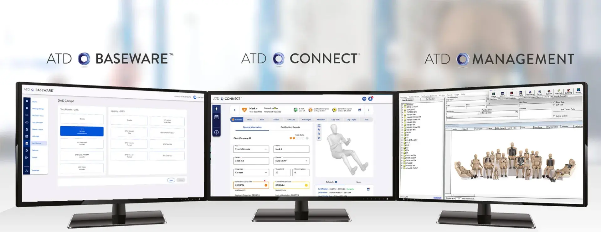 A photo of 3 computer displays with ATD BaseWare, ATD CONNECT, and ATD Management softwares