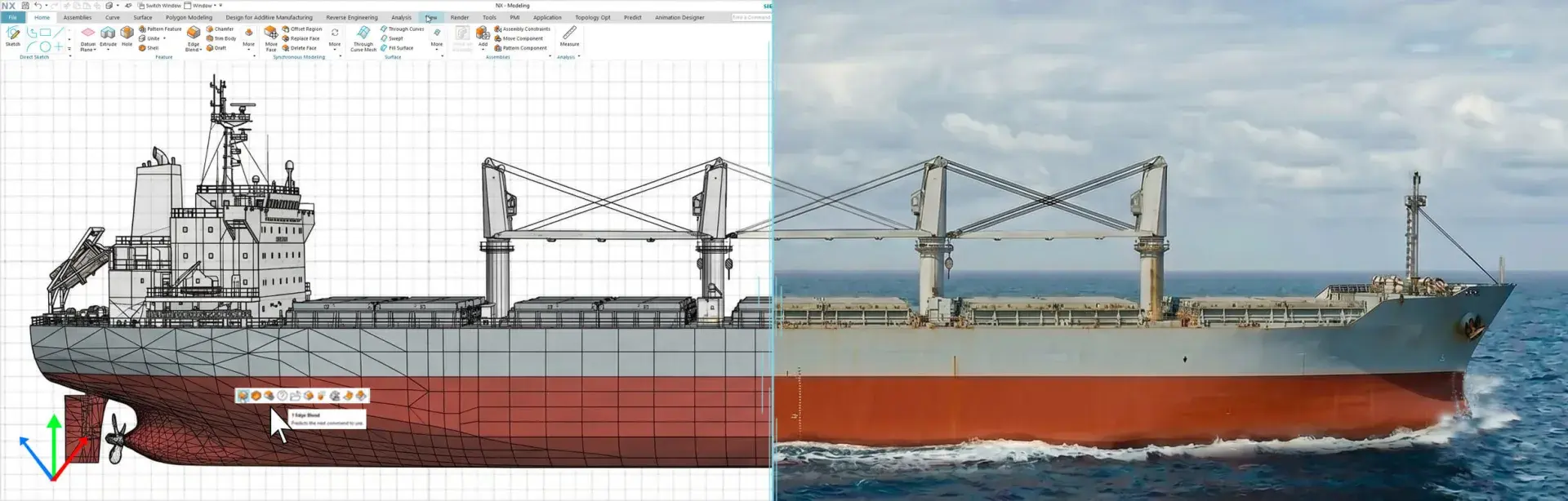 A diagram of a ship and it's digital twin inside a Siemens NX and RAMSIS CAD environment