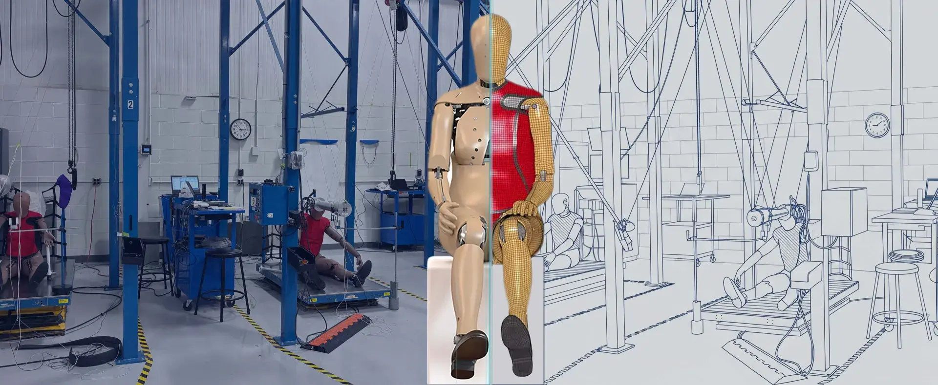 A photo of a real-world dummy next to it's virtual counterpart