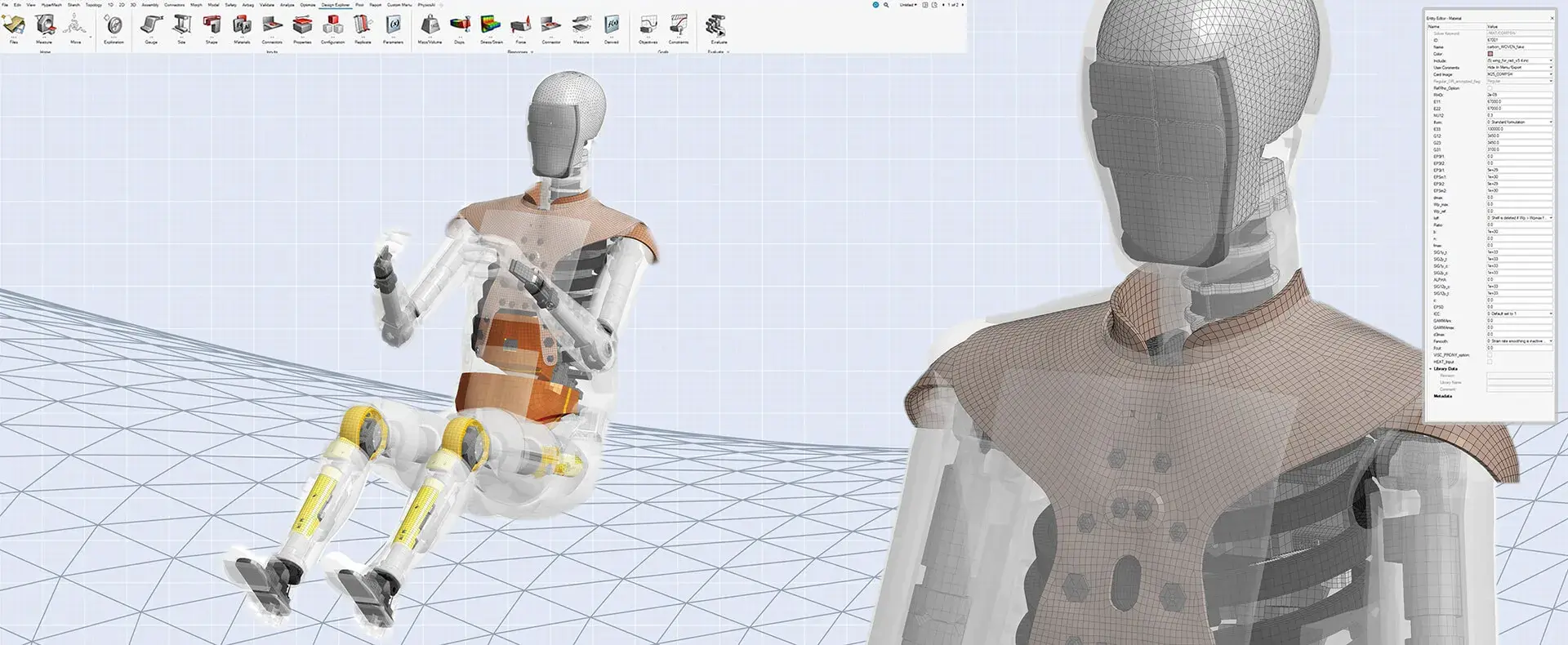 Screenshots of high-fidelity finite element models (virtual crash test dummies)