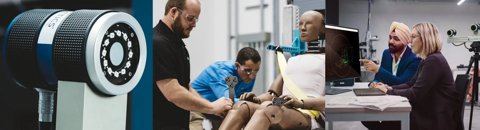 Photos of people working with crash test dummies and the DPS camera